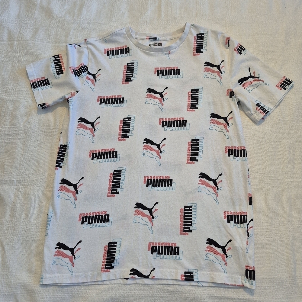 Pums boys XL 18/20 white logo short sleeve shirt black red blue VGUC